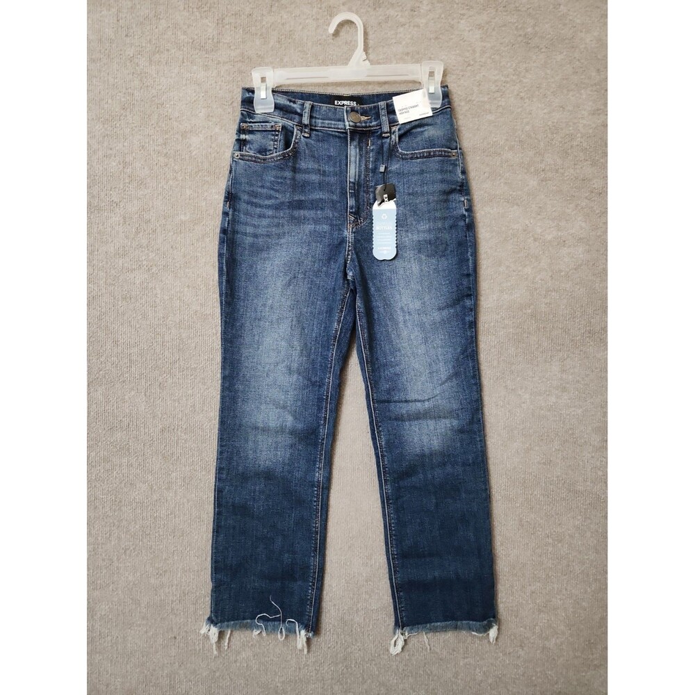 Express Cropped Straight Jeans Womens 0 Blue Raw Hem Stretch NEW